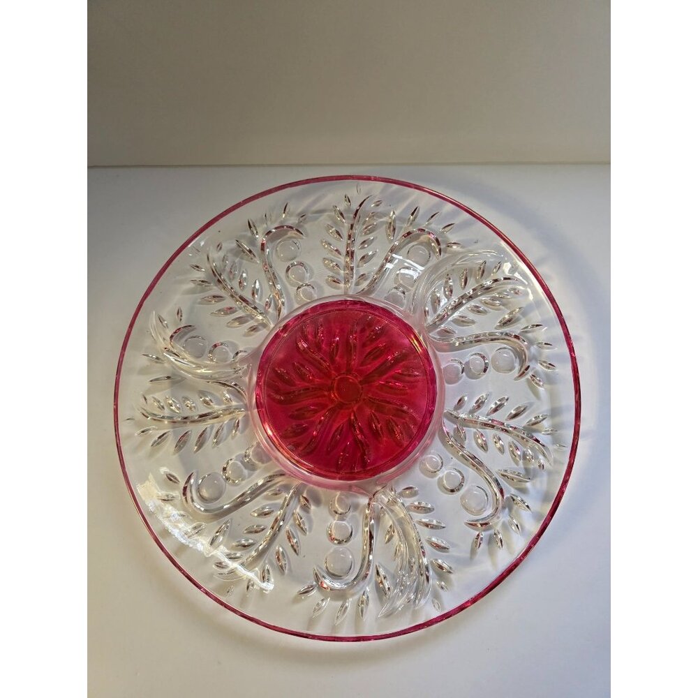 Vintage Cranbwrry Clear Glass Divided Serving Plate With Floral & Leaf Design